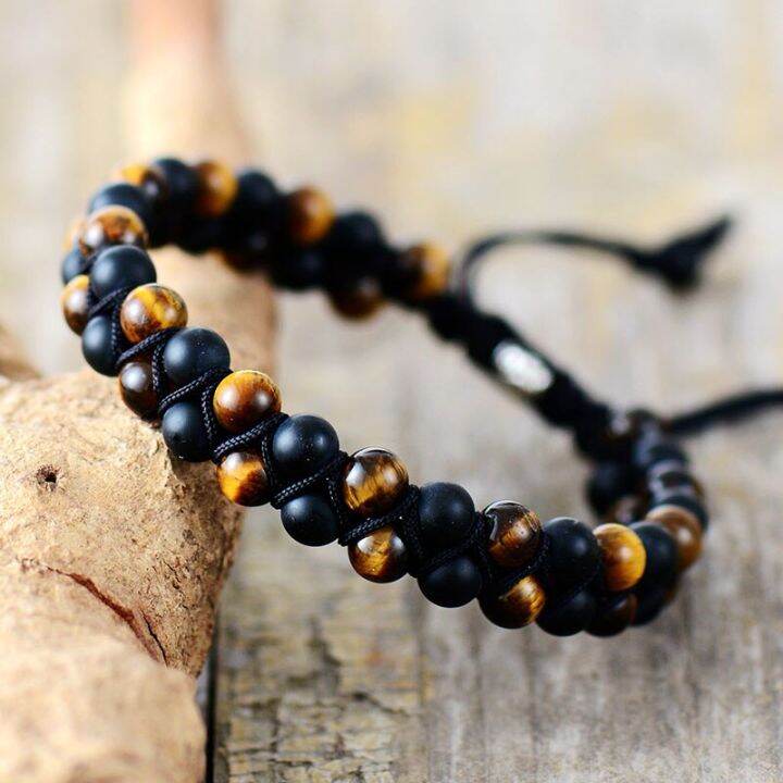 กำไลข้อมือผู้ชายตาเสือหินโอนิกซ์สีด้านสายสีดำถักกำไลมิตรภาพทำมือของขวัญแฟนหนุ่มสร้อยข้อมือมังสวิรัติพังค์