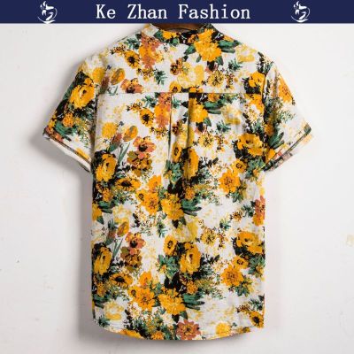 Ke Zhan เสื้อคาร์ดิแกนผู้ชายแฟชั่นเสื้อแขนสั้นมีปกพิมพ์ลายดอกไม้เสื้อทรงหลวมเสื้อยืดลำลองฤดูร้อน