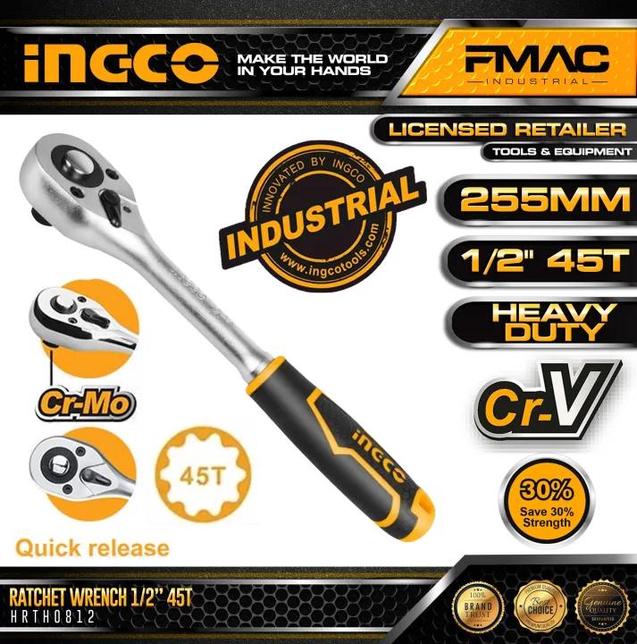 INGCO Industrial Ratchet Wrench CRV + CrMo Material 1/2" 45T 255mm (L) HRTH0812 FMAC⭐⭐⭐⭐⭐