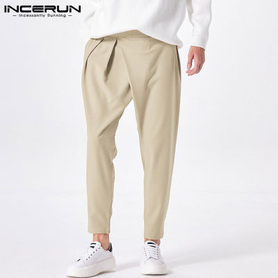 INCERUN กางเกงลำลองผู้ชายสไตล์เกาหลี,กางเกงชิโน่รัดรูปสำหรับเล่นกีฬากลางแจ้งกางเกงเรียว