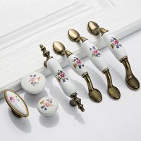 ﹍❣ Antique Bronze Ceramic Cabinet Handles Zinc Alloy Drawer Knobs Wardrobe Door Handles Morning Glory European Furniture Handle