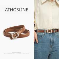 Athosline เข็มขัดหนังแท้สำหรับผู้หญิง,เข็มขัดหนังแท้2.5ซม. สำหรับกางเกงยีนส์ไข่มุกหนังวัวเครื่องประดับแฟชั่นสำหรับสุภาพสตรีพร้อมกล่องของขวัญของขวัญของขวัญของขวัญของขวัญ