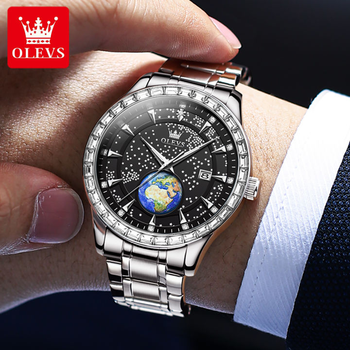 olevs-นาฬิกาผู้ชายใส่สบายๆกันน้ำใหม่2023ดั้งเดิมนาฬิกาเรืองแสงปฏิทินโลกสายเหล็กสแตนเลส