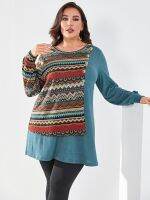 Yuisle Womens Casual Ladies Comfort Plus Size Sweatshirt Plus Geo &amp; Chevron Print Pullover Leisure Perfect Comfortable Eye-catching (Color : Blue, Size : X-Large)