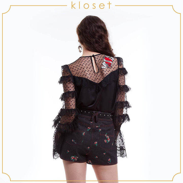 kloset-lace-embroidered-blouse-pf20-t011-เสื้อแฟชั่น-เสื้อผ้าตาข่ายพร้อมซับใน-เสื้อแขนยาว-เสื้อผ้าแฟชั่น