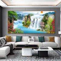 Sunset Waterfall Mountain Bird Landscape Painting,โปสเตอร์ผ้าใบคุณภาพสูง,ภาพผนังศิลปะ,เหมาะสำหรับห้องนั่งเล่น,ตกแต่งบ้านที่ไม่ซ้ำกัน0921