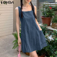 VONDA ชุดเดรสแขนกุดสายรัดคอสี่เหลี่ยมสไตล์วินเทจชุดเดรสเข้ารูปสำหรับผู้หญิง (ลายดอกไม้เกาหลี)