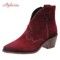 Aphixta Wood Spike Heels Nubuck Boots Women Antiskid Zip Pointed Toe Retro Ankle Boots Shoes Woman Boats Plus Big Szie 42 43