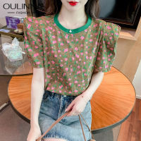 OULINNA Hyunya Style Retro Floral Round Neck Short Sleeve T-shirt 2023 New Fashion Shoulder Pad Bubble Sleeve Color Matching Top