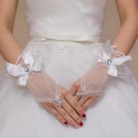 ❡ White Short Party Gloves Fingerless Elegant Tulle Evening Gloves Bridal Wedding Gloves with Crystal