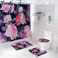 Pastoral Style Bathroom Car Rug Floral Printing Shower Curtain and Bath Mat Set Toilet Seat Cover Mat Non-slip Foot Mat