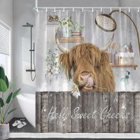 Funny Bathing Cow Shower Curtains Rustic Farm Highland Cattle Daisy Kapok Grey Plank Animal Bathroom Curtain Decor with Hooks