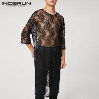 [Perfectly] INCERUN Mens 3/4 Sleeve Sheer See Through Lace Longline T Shirts Party Dress (สไตล์ตะวันตก)