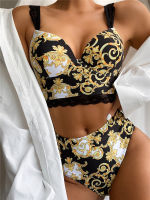 y Vintage Print Womens Bikini Set Lace Strappy Padded Bra High Waist Bottoms Swimsuit Fashion Female Beachwear Swimwear