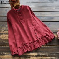 ZANZEA Women Casual Crochet Lace Hem Button Up Long Sleeve Blouse