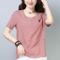 2021 middle aged mothers cotton round neck short sleeve red plaid top womens summer new versatile Pullover bottoming shirt 2022