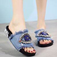 2023 new diamond denim slippers tassel thick bottom flat with female sandals a leisure joker