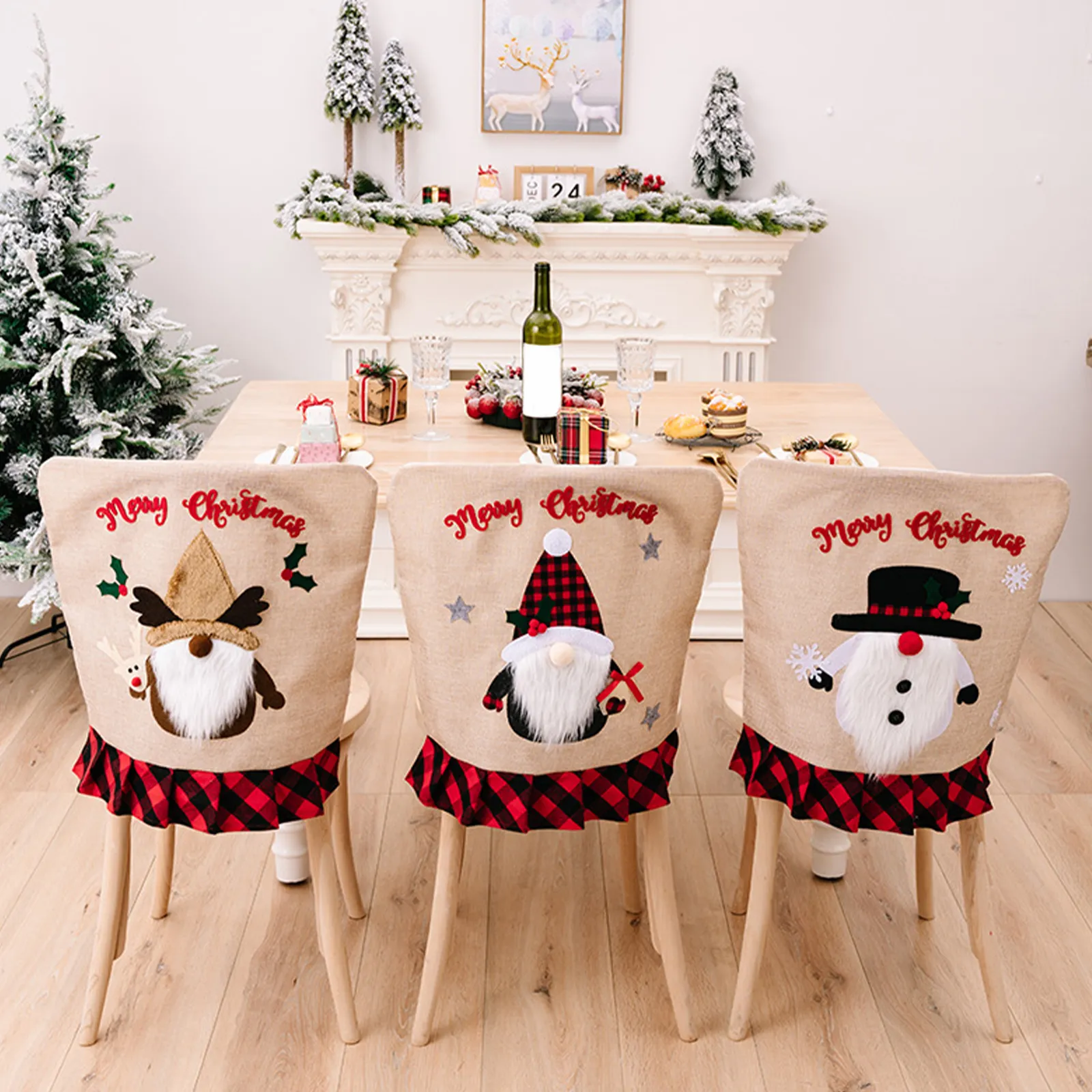 Christmas Chair Cover, Red Black Christmas Chair Cover Plaid Edge Christmas Season Old Man Cartoon Forest |