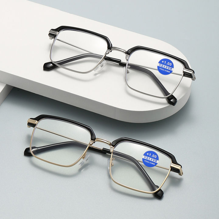 ผู้ชายธุรกิจกรอบครึ่งโลหะแว่นตาอ่านหนังสือ-hd-ป้องกันแสงสีฟ้าแฟชั่นสแควร์กรอบ-hyperopia-แว่นตาสำหรับชาย0-100-150-200-250-300-350-400