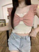 ANRUO เสื้อกั๊กปลอม2ชิ้นสำหรับผู้หญิง,เสื้อกั๊กเข้ารูปติดโบว์เสื้อตัวสั้นบางดีไซน์ฤดูร้อน