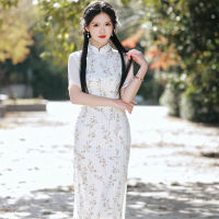 ฤดูร้อนคลาสสิกผู้หญิงที่สง่างามเย็บปักถักร้อยชีฟอง Qipao ปรับปรุงบินแขน Cheongsam จีนทุกวัน Dress