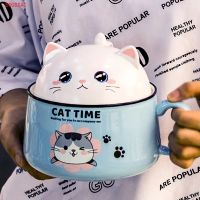 Creativity High Capacity Cute Cat Ceramics Instant Noodle Bowl With Lid Spoon Dorm Room Student Office Super Large Bowl