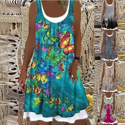 Womens A-Line Dress Sleeveless Floral 3D Print Knee-Length Dress Spring Summer Round Neck Casual Classic Ladies Dress 2022