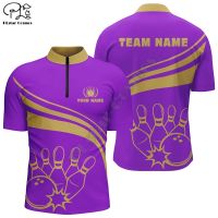 （ALL IN STOCK）  Personalized bowling Quarter Zip shirts for men, custom mens bowling shirt team bowling jersey Purple 3D Print Shirts Tees Tops   (FREE NICK NAME LOGO)