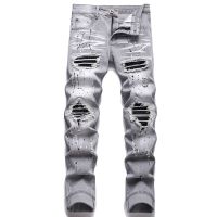 2023 High Quality Men Casual Black Jeans Paint Slim Straight Hole Biker Jeans Autumn Jean Homme Male Denim Pants