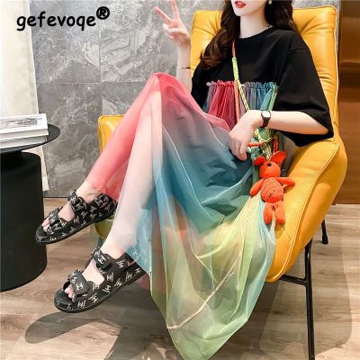 【YF】 2023 Women Summer Rainbow Color Mesh Patchwork Sweet Casual Dresses Korean Style O Neck Short Sleeve Loose Streetwear Midi Dress