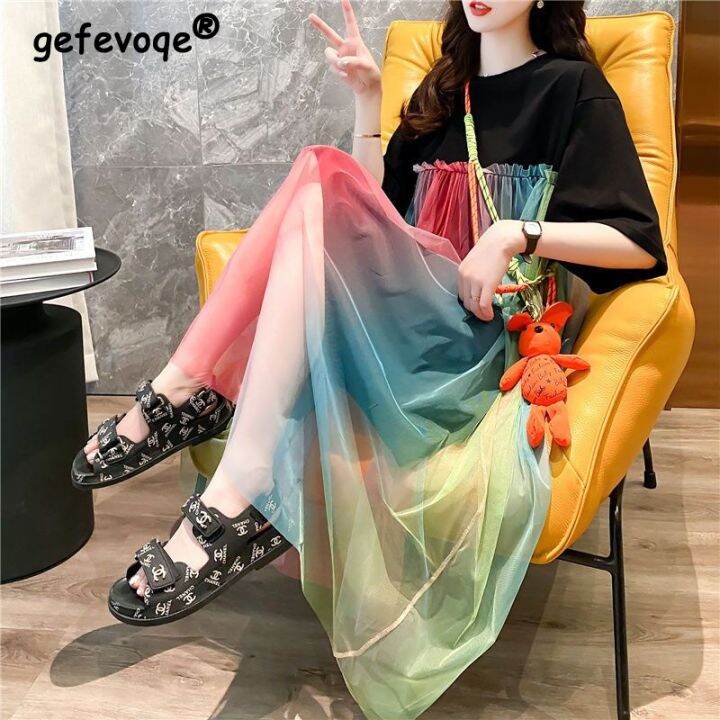 yf-2023-women-summer-rainbow-color-mesh-patchwork-sweet-casual-dresses-korean-style-o-neck-short-sleeve-loose-streetwear-midi-dress