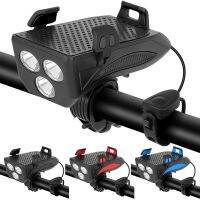 4 In 1 LED ไฟจักรยานไฟฉายกันฝน USB ชาร์จ MTB ฮอร์นปลุกเบลล์ที่วางศัพท์ธนาคารอำนาจอุปกรณ์จักรยาน