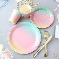 【LZ】✑♈  Descartável Rainbow Paper Plate Paper Cup Birthday Party Decoration Dinner Plate Bolo Plate Suprimentos de Decoração do Casamento 10 Pcs