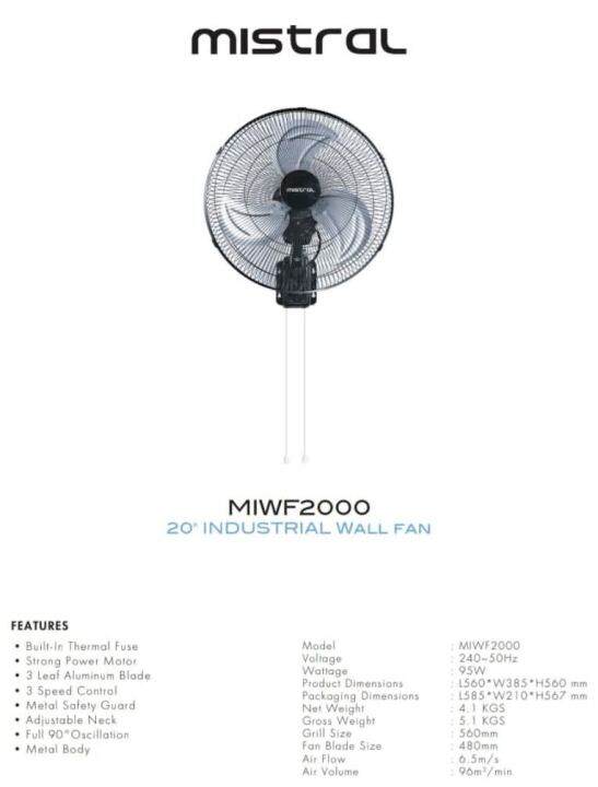 MISTRAL MIWF2000 20” INDUSTRY WALL FAN Lazada