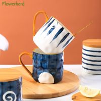 Hand-painted Japanese Style Ceramic Coffee Mug Coffee Cup with Lid Spoon Handle Breakfast Cute Milk Female Household Water Cup