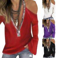 【Ready】Fashion Women Sequins V-Neck Loose Cold Shoulder Long Sleeve Pullover Blouse Top