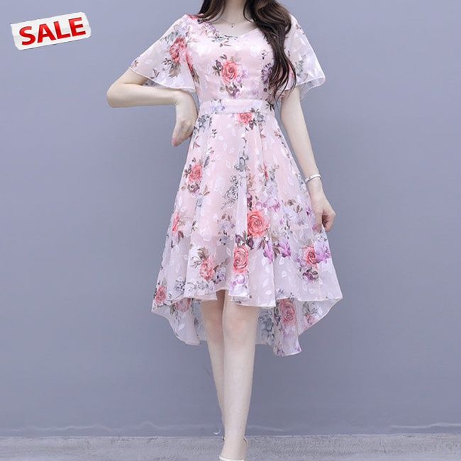 tdg-women-dress-floral-print-short-sleeve-crew-neck-skirt-irregular-waist-slimming-dress