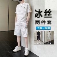 【Hot Sale】 Mens ice silk short-sleeved t-shirt summer new high-end full printed casual suit sportswear a set of matching tide