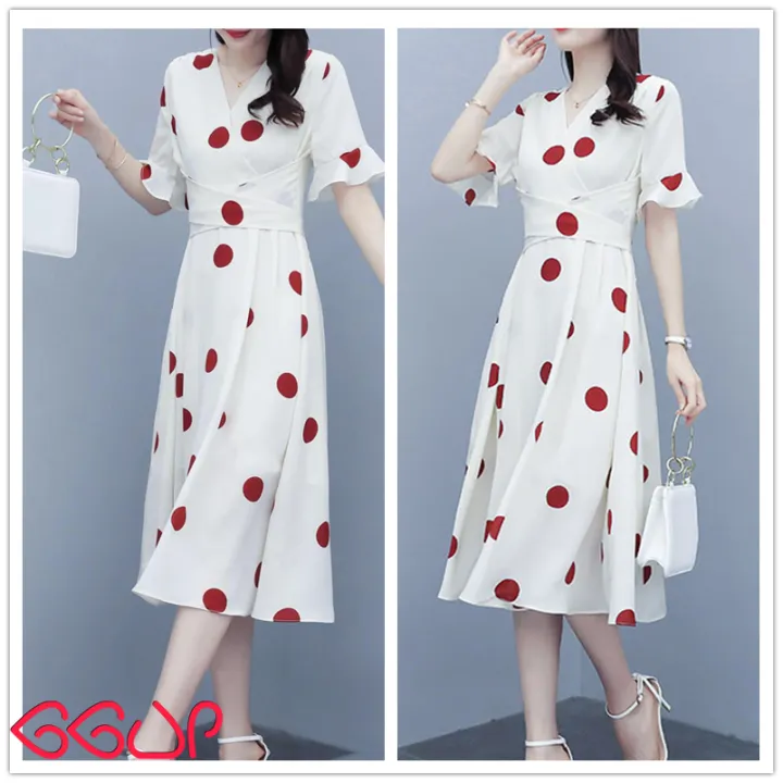 GGUP 2022 Korean Polka Dot Dress for Women Breathable Cool Ice Silk