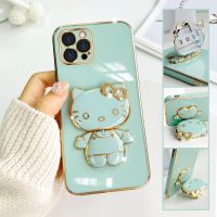 For iPhone 12 Pro Mobile Phone Case Fashion Temperament Plating TPU Advanced Rotary Stand Makeup Mirror Hello Kitty Folding Mirror Stand Net Red New Couple Gift Soft Touch Anti slip Anti fall Protective Case