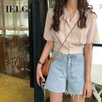 IELGY V คออเนกประสงค์หลวม lapels เสื้อแขนสั้นเสื้อ