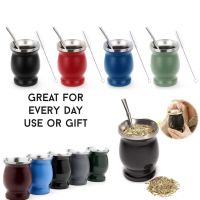 Yerba Mate Gourd Tea Cup Set 12Oz Double-Wall Stainless Coffee Water Cup with Lid 1 Bombillas Straws Filter Spoon Brush