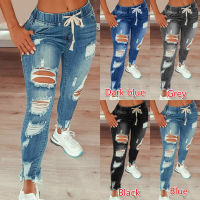 【CW】Drawstring Denim Jeans For Women Ripped Hole Stretch Jean Ladies Full Length Pencil Pants