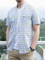 Germusch thin short-sleeved shirt mens pure cotton plaid plus fat plus size casual loose stand-up collar shirt 【SSY】