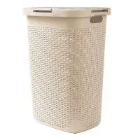 Mind Reader 60 Liter Plastic Laundry Basket with Cutout Handles Lid Ivory