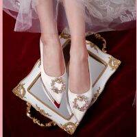 Wedding Shoes Women Bridal Shoes Satin Pearl Rhinestone Pointed Toe Flats Shoes Shallow Mouth Plus Size Flat Shoes Size 33-44