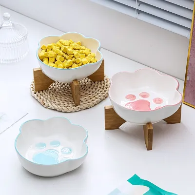 Cat Paw Shape Pet Ceramic Bowl with Bamboo Stand Cat Bowl Dog Bowl Pet Drinking Bowl Food Container Cat and Dog Feeding Supplies