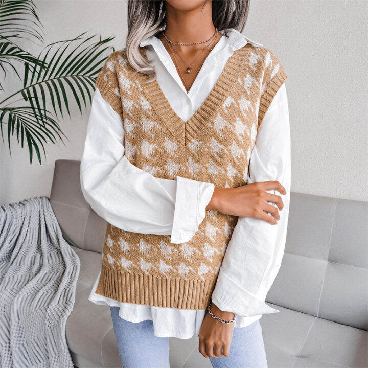 autumn-v-neck-casual-loose-knit-vest-sweater-women-fashion-all-match-pullover-tops-college-style-diamond-print-tank-sweater