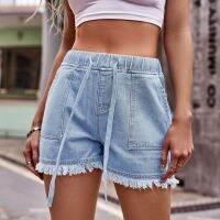 【hot】 Fashion Denim Shorts 2023 New Elastic Waist Drawcord Mid-waist Raw Straight Pants