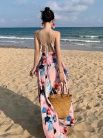 【HOT】❂∏ Pink Print A-line Backless Bandage Sleeveless Dresses Female Sundress New